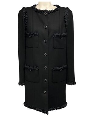 CHANEL BLACK 2008 SILK RIBBON TRIMMED WOOL AND CASHMERE COAT WITH CHAIN DETAILED